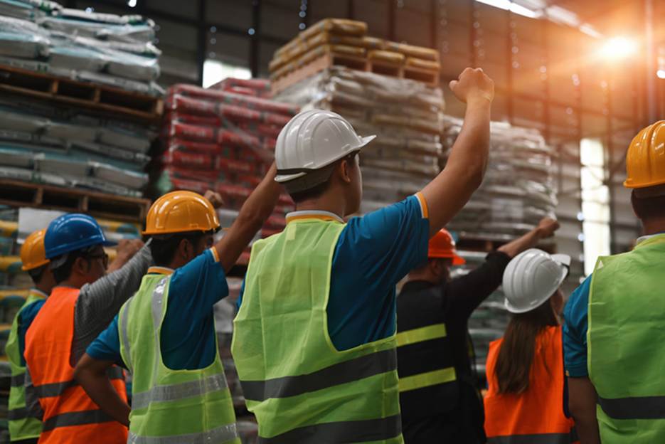 A group of construction workers stands with their arms raised in a warehouse. They are wearing hard hats and safety vests, with large stacks of product behind them.
